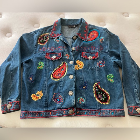 Y2K Vtg New Direction Hand Boho Embroidered Denim Jacket XL - Picture 6 of 8